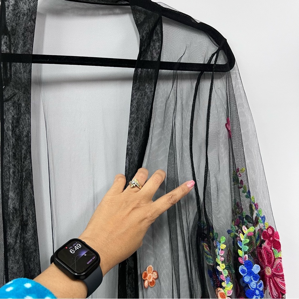Floral Embroidered Sheer Kimono swim coverup mesh - Picture 11 of 14